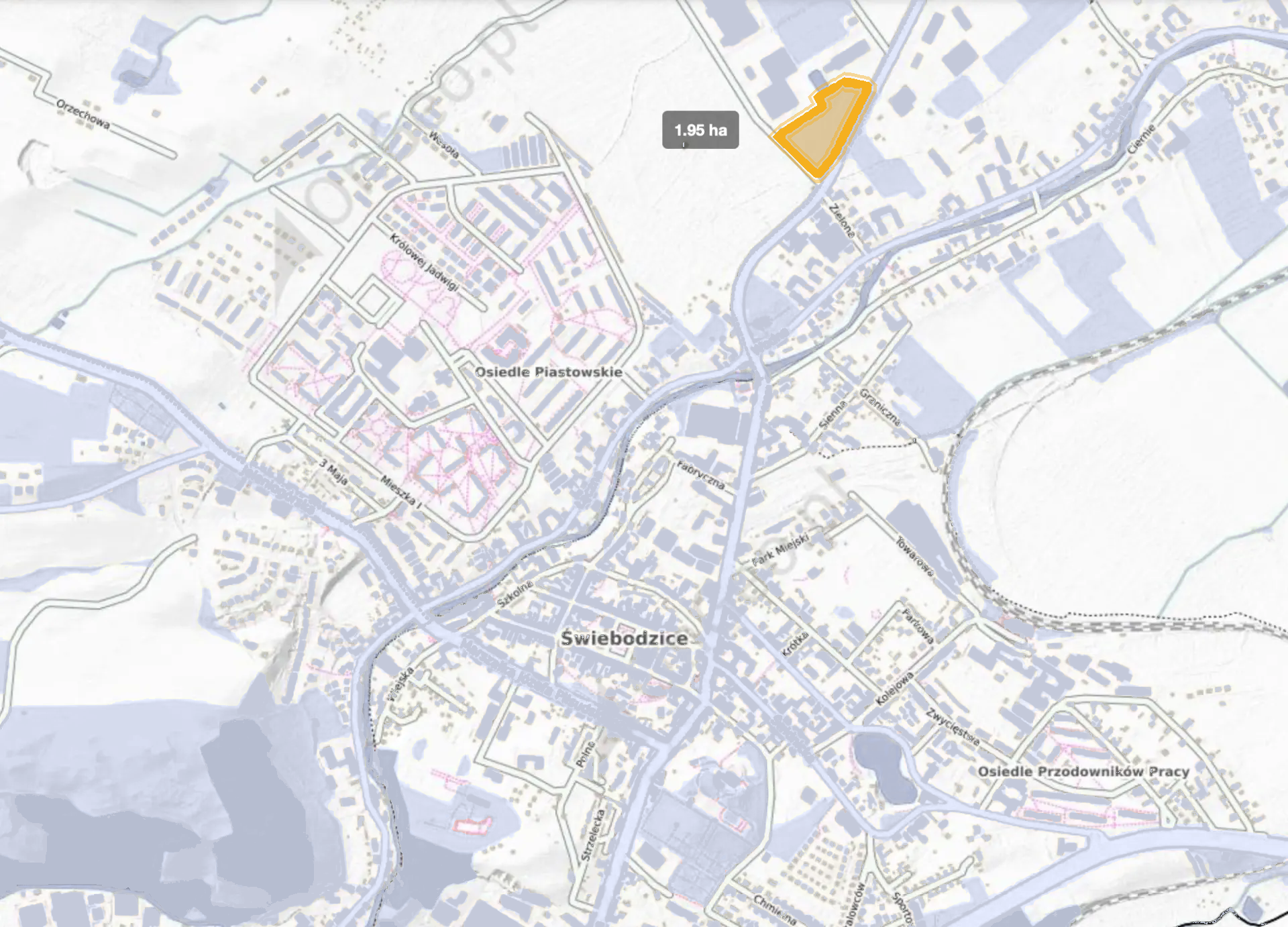 Mapa Świebodzic z zaznaczoną działką inwestycyjną 1,95 ha przy ul. Strzegomskiej